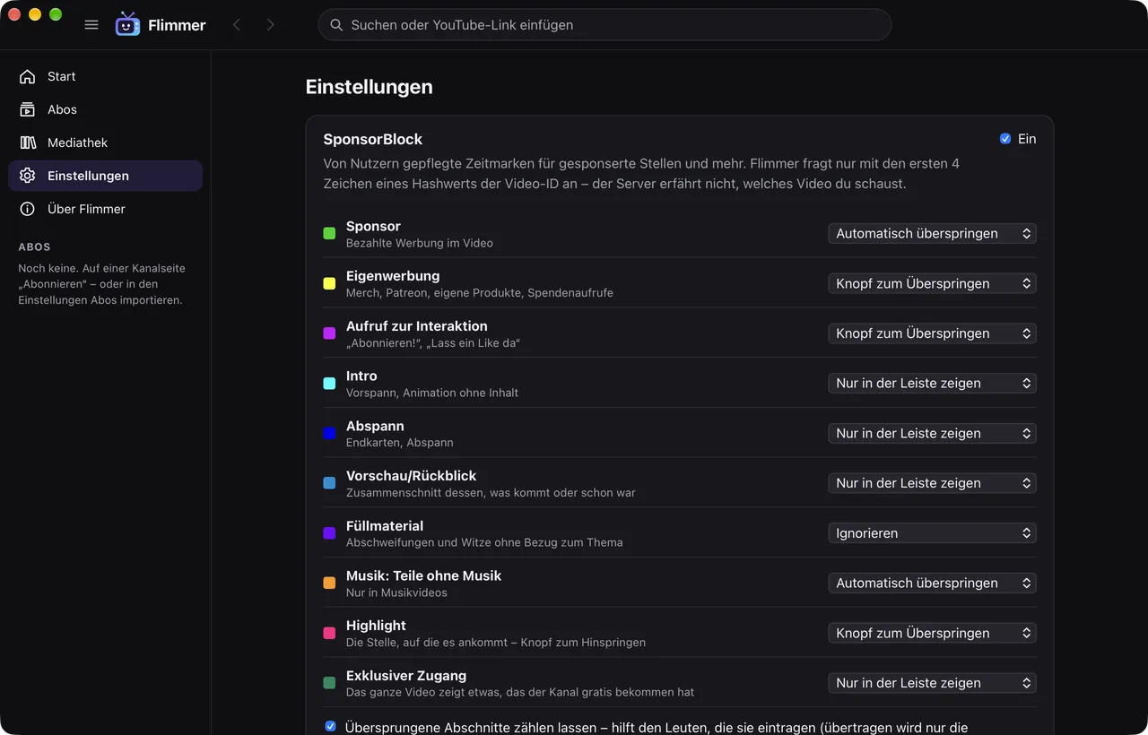 Settings: choose per SponsorBlock category whether it is skipped