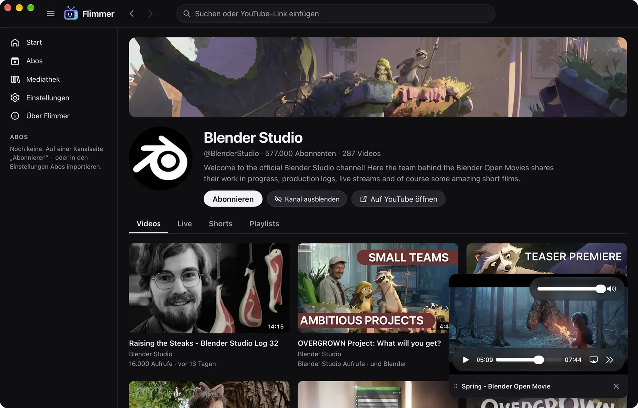 Channel page – the video keeps playing in the mini player at the bottom right