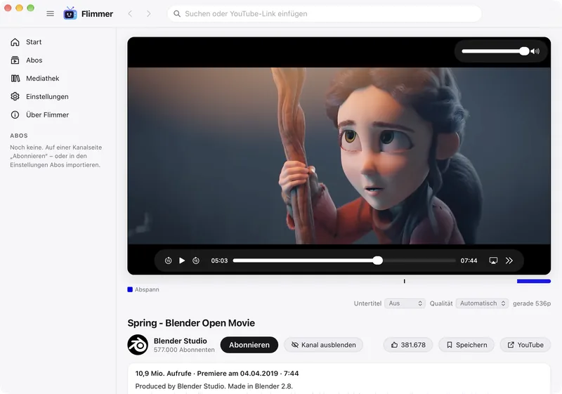 Flimmer on the Mac: video page with player and SponsorBlock bar
