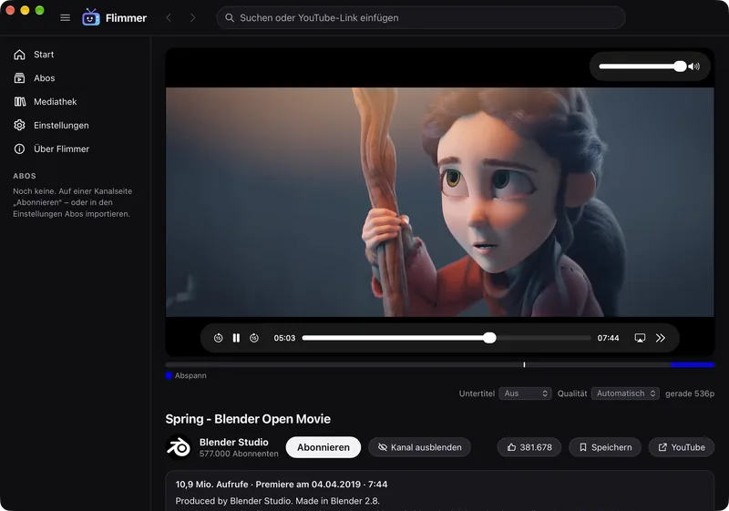 Flimmer on the Mac: video page with player and SponsorBlock bar