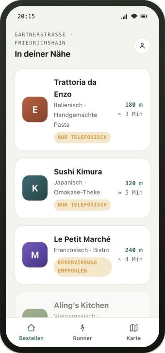 Kiezbote app prototype: restaurants nearby with distance and walking time