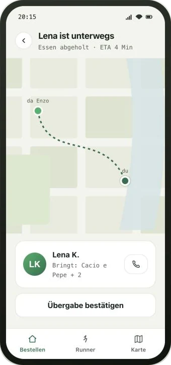 Prototype: live tracking – Lena is bringing the food, map with route and arrival time