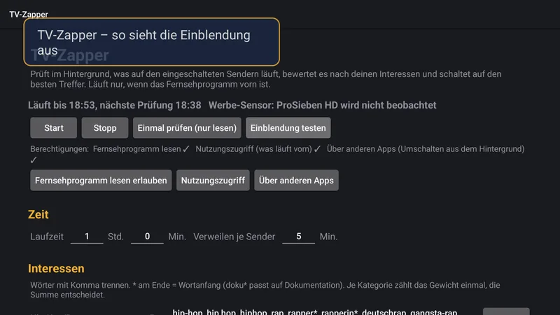 TV-Zapper-App: Einblendung oben links über dem Bild