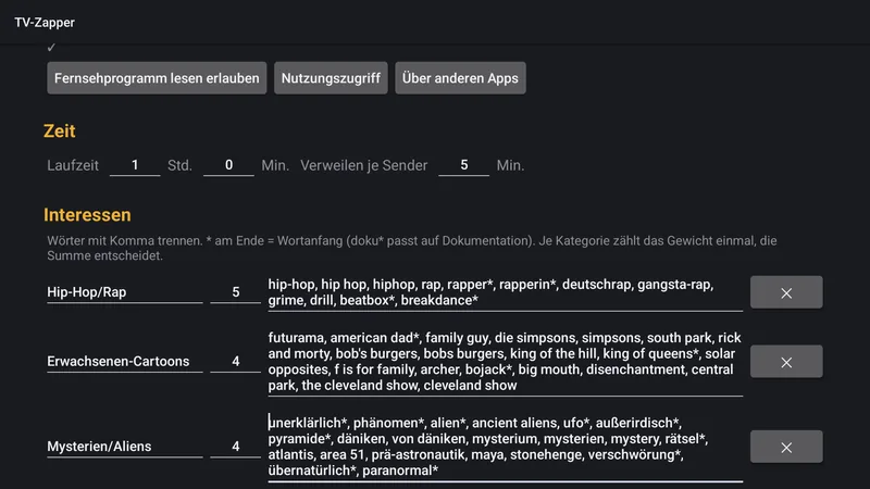 TV-Zapper-App: Interessen mit Gewicht und Suchwörtern