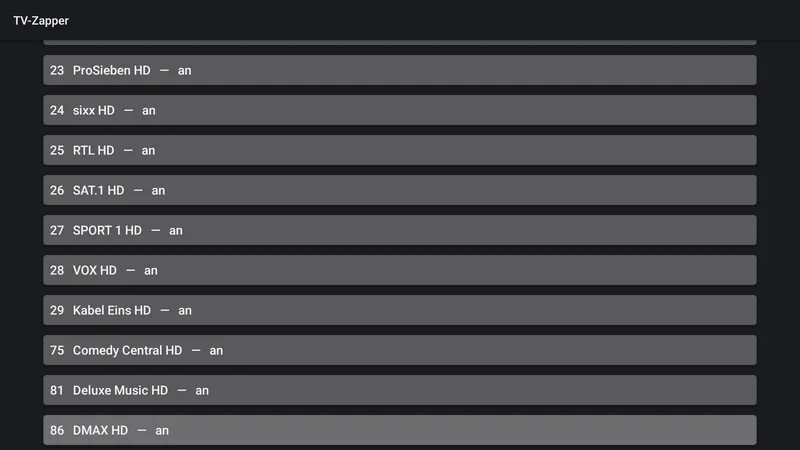 TV-Zapper-App: Senderliste, jeder Sender an, bevorzugt oder aus