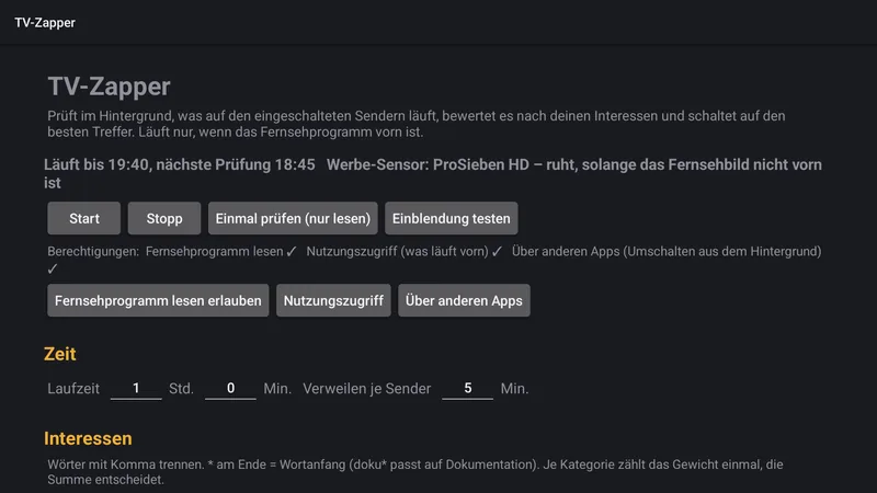 TV-Zapper-App: Startseite mit Start, Stopp, Einmal prüfen, Berechtigungen, Laufzeit und Verweilzeit