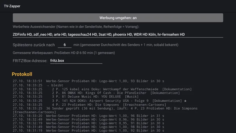 TV-Zapper-App: Werbung umgehen, Ausweichsender, Zeitgrenze, gemessene Pausen und Protokoll