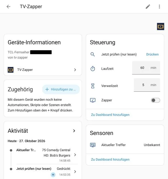 Home Assistant: Gerät TV-Zapper mit Steuerung, Sensor und Aktivität