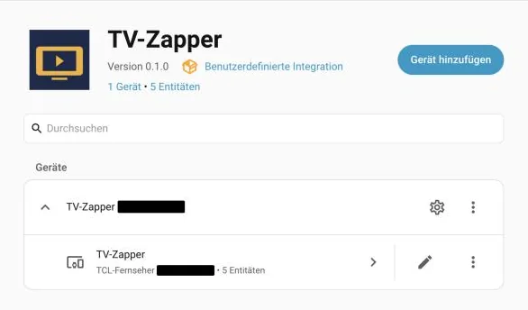 Home Assistant: Integration TV-Zapper mit einem Gerät und fünf Entitäten